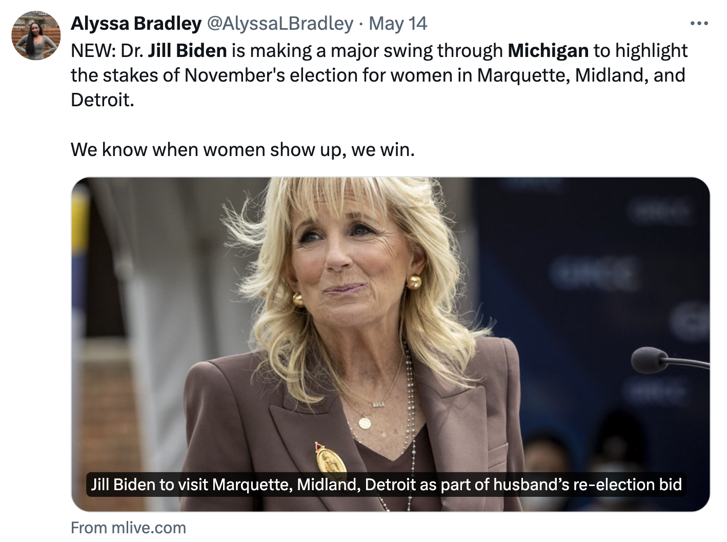 Tweet from Alyssa Bradely linking to an MLive article about Dr. Jill Biden's trip to Michigan
