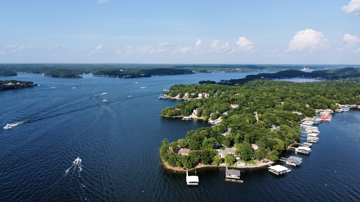 A bird’s-eye view of Missouri's Lake of the Ozarks on a sunny day.