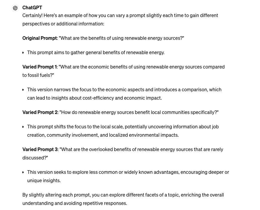 A screenshot of ChatGPT showing variability in prompts
