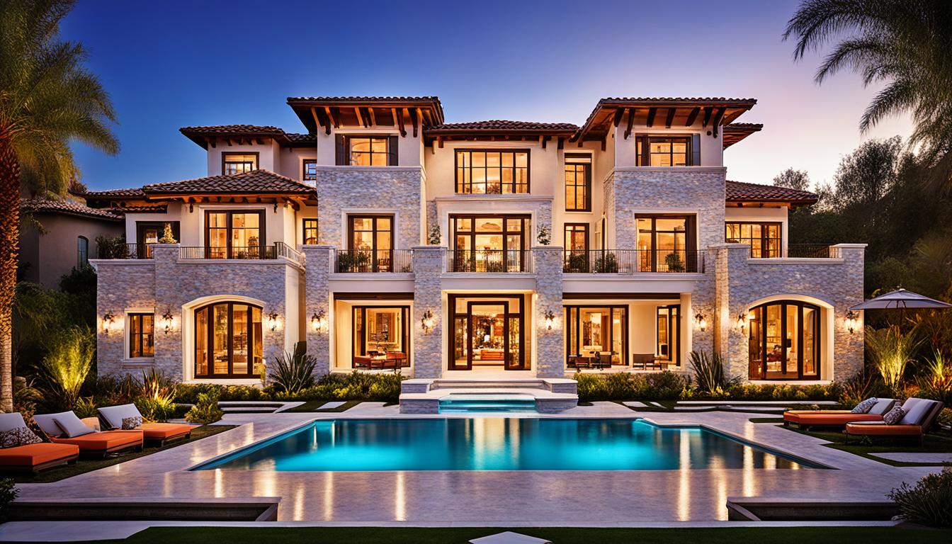 A crystal-clear image of a luxurious dream house emerging from a blank canvas, with vibrant colors and intricate details that reflect the clarity and specificity of the homeowner's manifestation. The house should be surrounded by elements that represent the owner's desires, such as a sparkling pool, lush gardens, or panoramic views. The image should convey a sense of excitement and anticipation for the homeowner's dream home to become a reality.