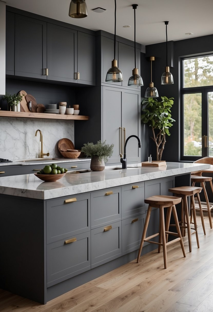 A modern kitchen with matte gray shaker cabinets, sleek hardware, and clean lines. Light floods in through large windows, illuminating the stylish, minimalist design