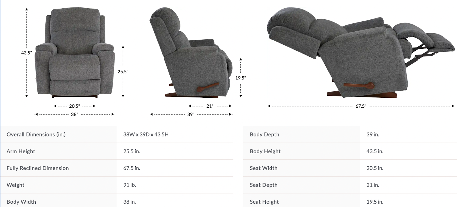 dorian rocking recliner dimensions