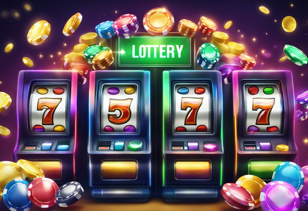 A colorful online casino with flashing lights and slot machines, contrasting with a serene online lottery with floating lottery balls and a jackpot display