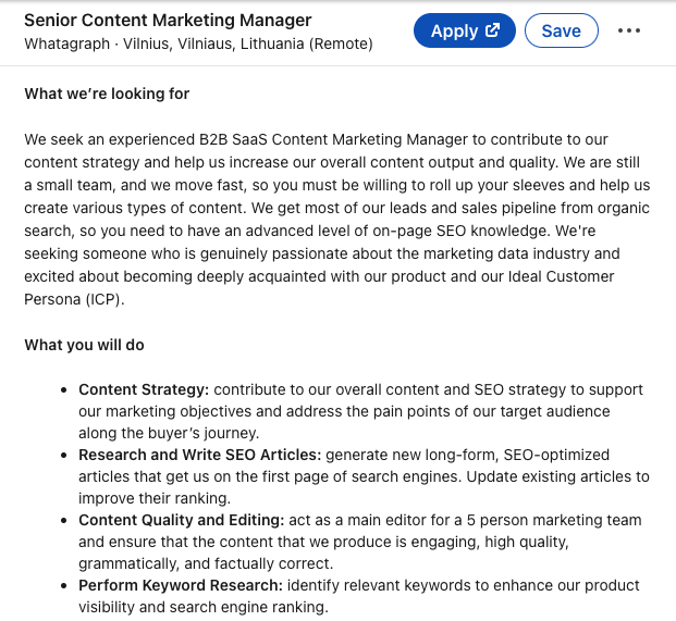 ATS resume template; example of a marketing job post on LinkedIn 