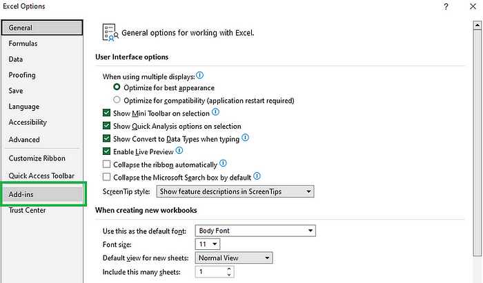 Select Add-ins from the Excel Options dialog box