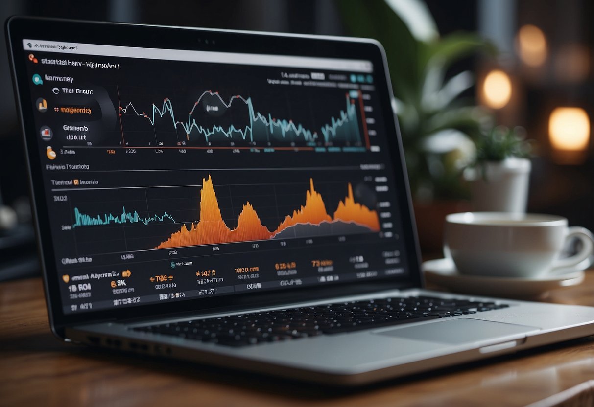 A laptop displaying YouTube analytics with earnings graph trending upwards surrounded by dollar signs and monetization icons