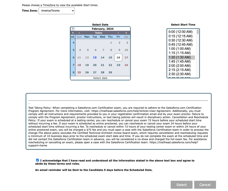 salesforce exam time and date selection