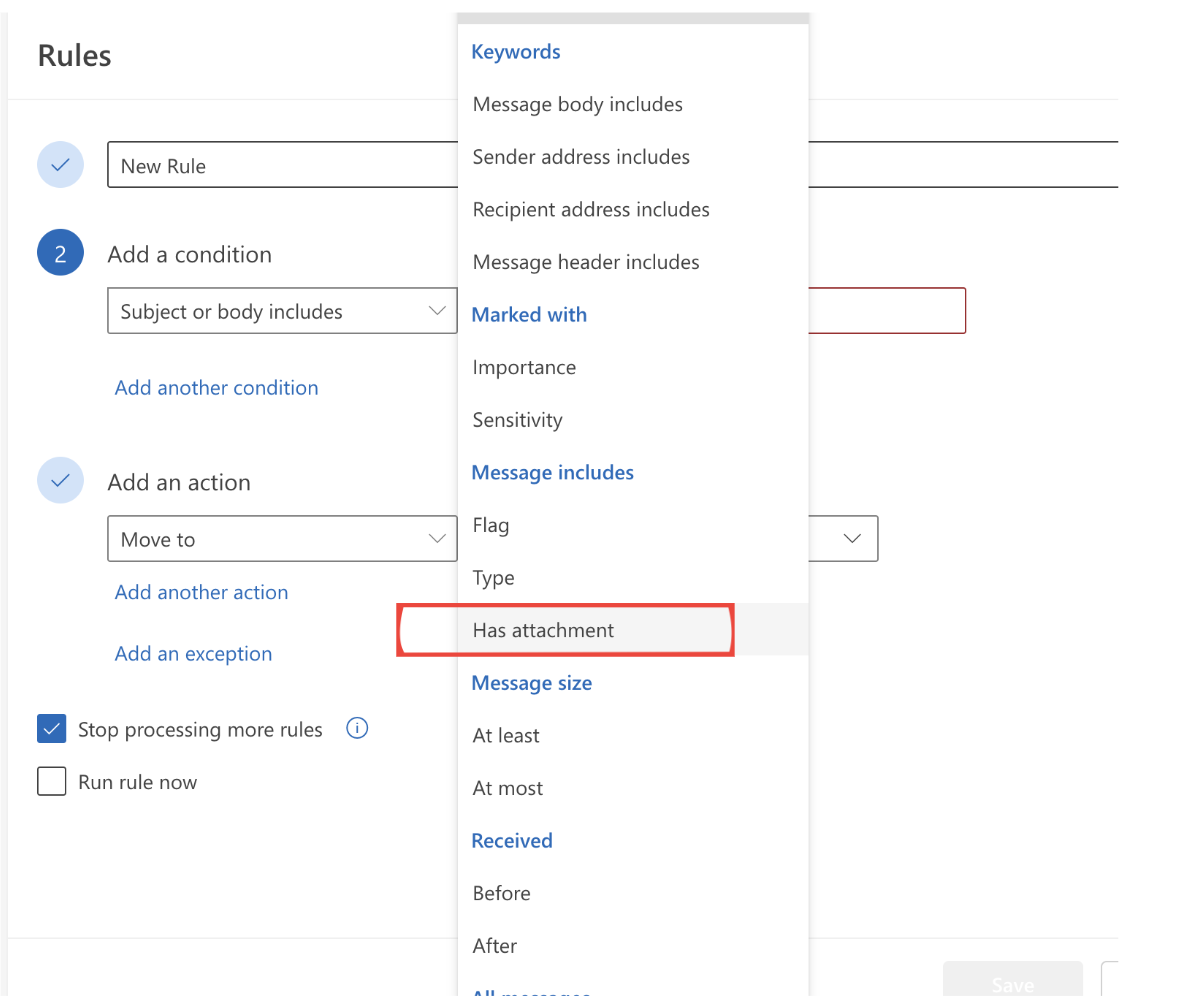 Filtering emails with attachments in Outlook