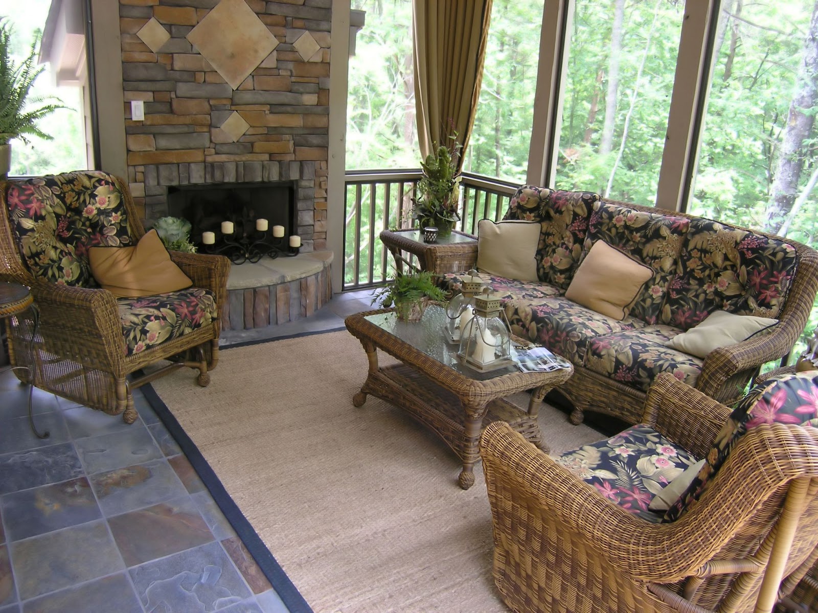 stone fireplace window