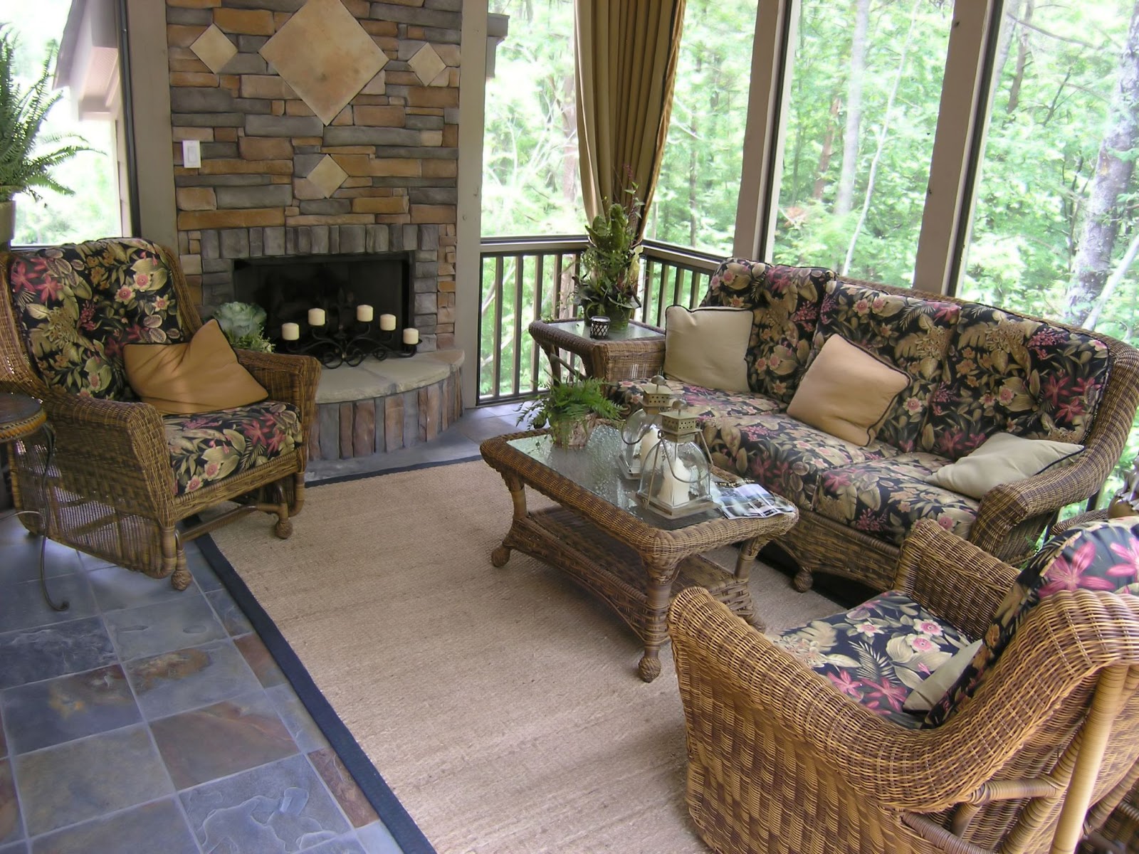 stone fireplace window