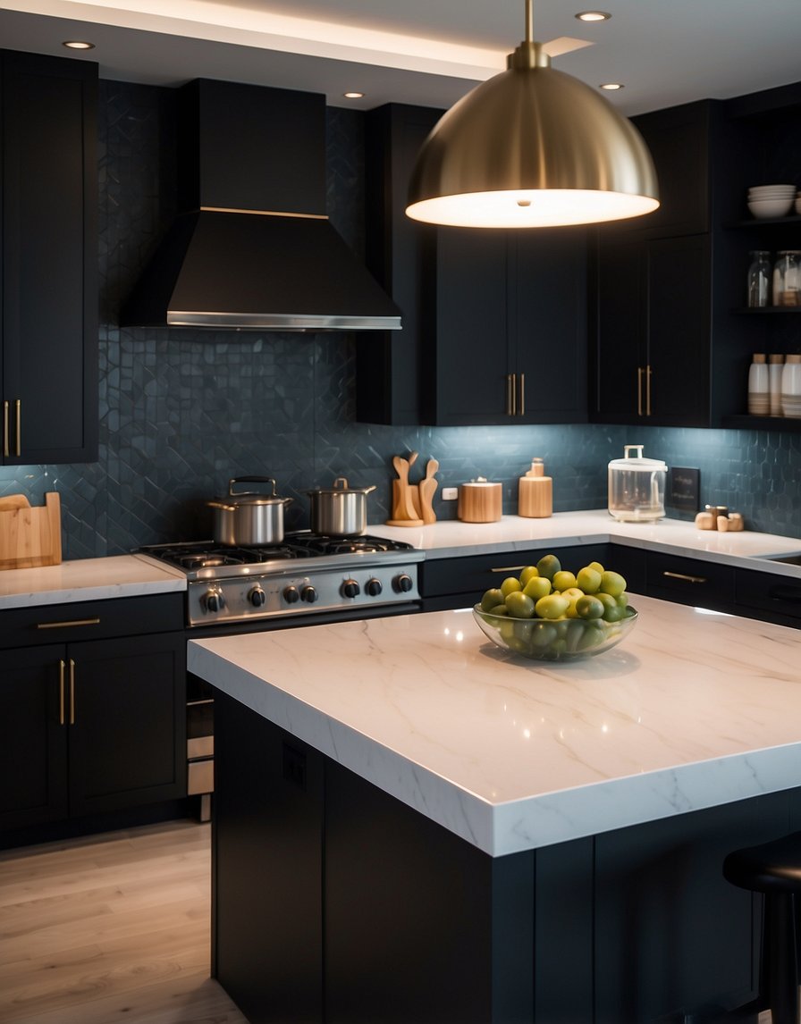 A sleek, modern kitchen with midnight black cabinets, illuminated by soft overhead lighting