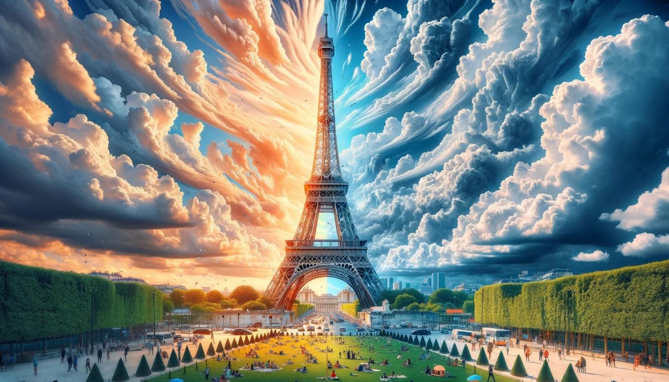 DALL·E 2024-03-27 14.32.58 - Transform the previous nighttime scene at the base of the Eiffel Tower into a vibrant, cloudy day. The sky is now a dynamic canvas of fluffy, white cl.webp [webp-to-jpg output image]