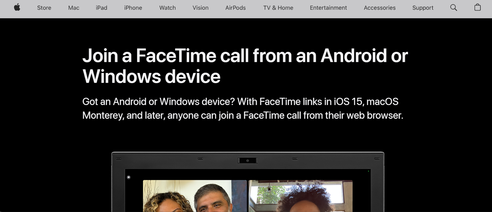 Facetime website snapshot highlighting the services it offers.