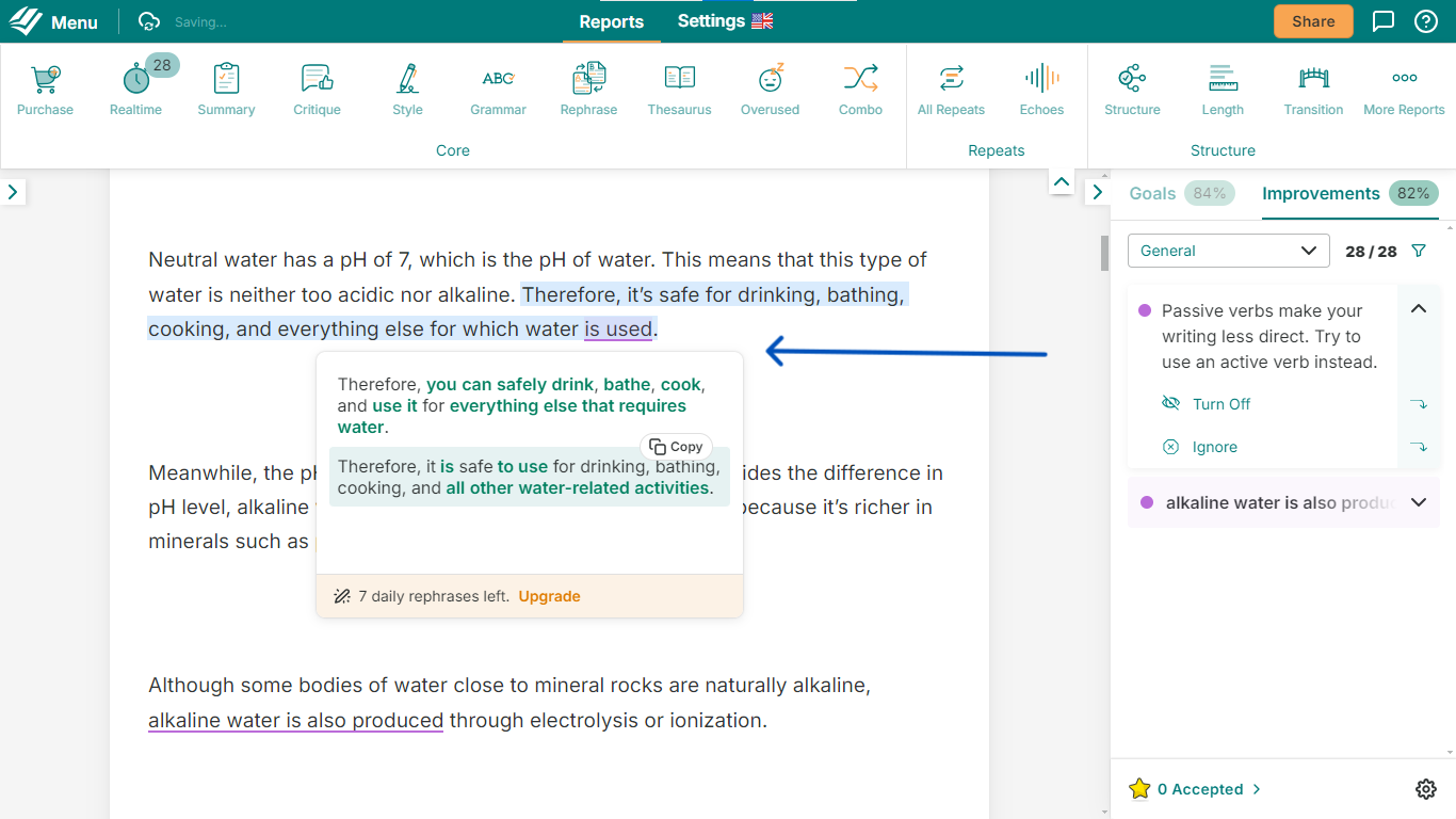 screenshot of ProWritingAid passive to active voice converters