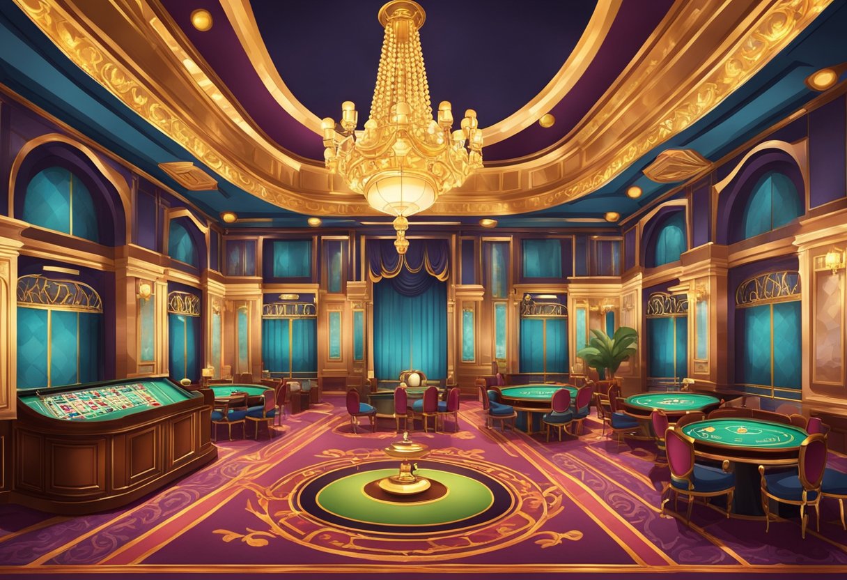 A lavish casino interior with opulent decor, including chandeliers, ornate furnishings, and vibrant colors, creating a luxurious and inviting atmosphere