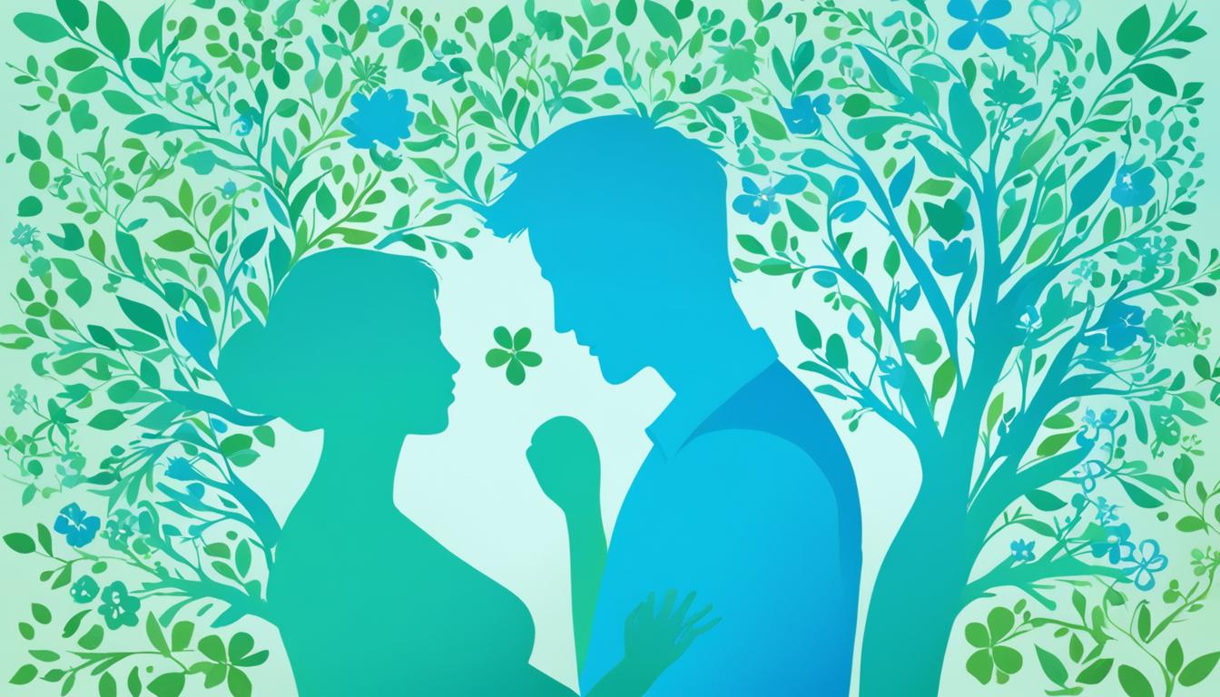 Create an image of a serene and calming atmosphere, with soft shades of blue and green. Show a couple standing together, surrounded by symbols of fertility such as blooming flowers and ripe fruits. Have them holding hands and looking lovingly at each other, with a sense of anticipation for the arrival of their baby boy. Suggest movement and flow in the image, perhaps with wind blowing through the trees or water gently rippling in a nearby pond. Overall, convey a feeling of positivity, hope, and joyful expectation for this new chapter in their lives.