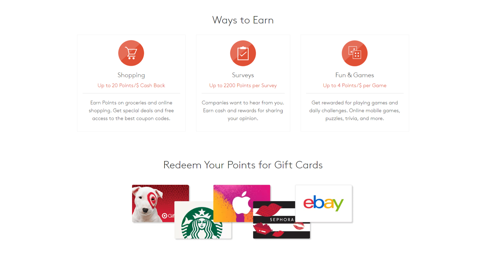 The MyPoints website showing how you can earn gift cards to places like Target, Starbucks, Sephora, and more with activities like shopping, taking surveys, and playing games. 