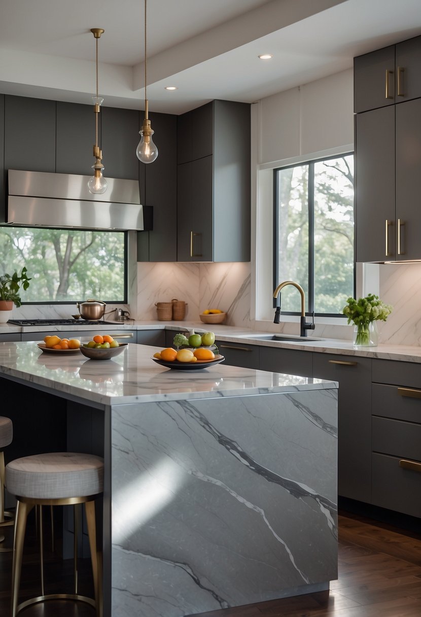 A modern kitchen with sleek gray cabinets, stainless steel appliances, and marble countertops. The natural light streams in through large windows, illuminating the clean and minimalist design