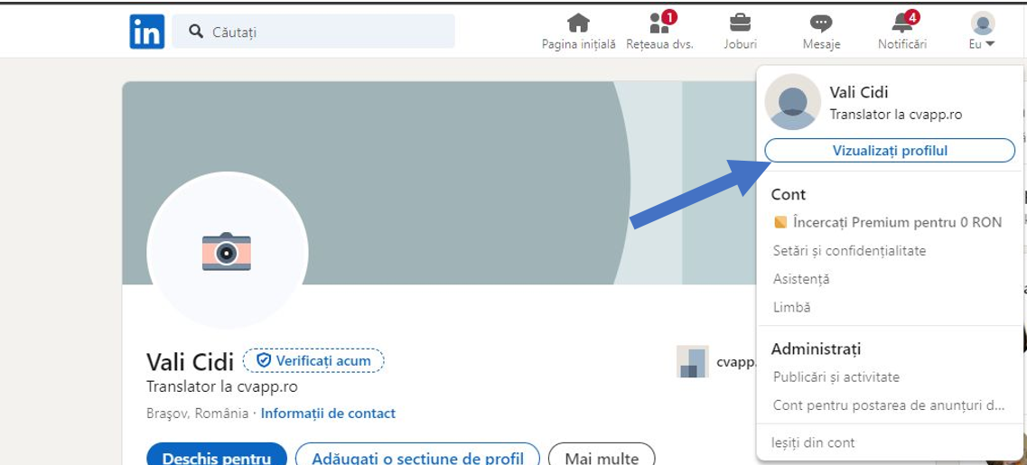 Navigare la pagina de profil LinkedIn