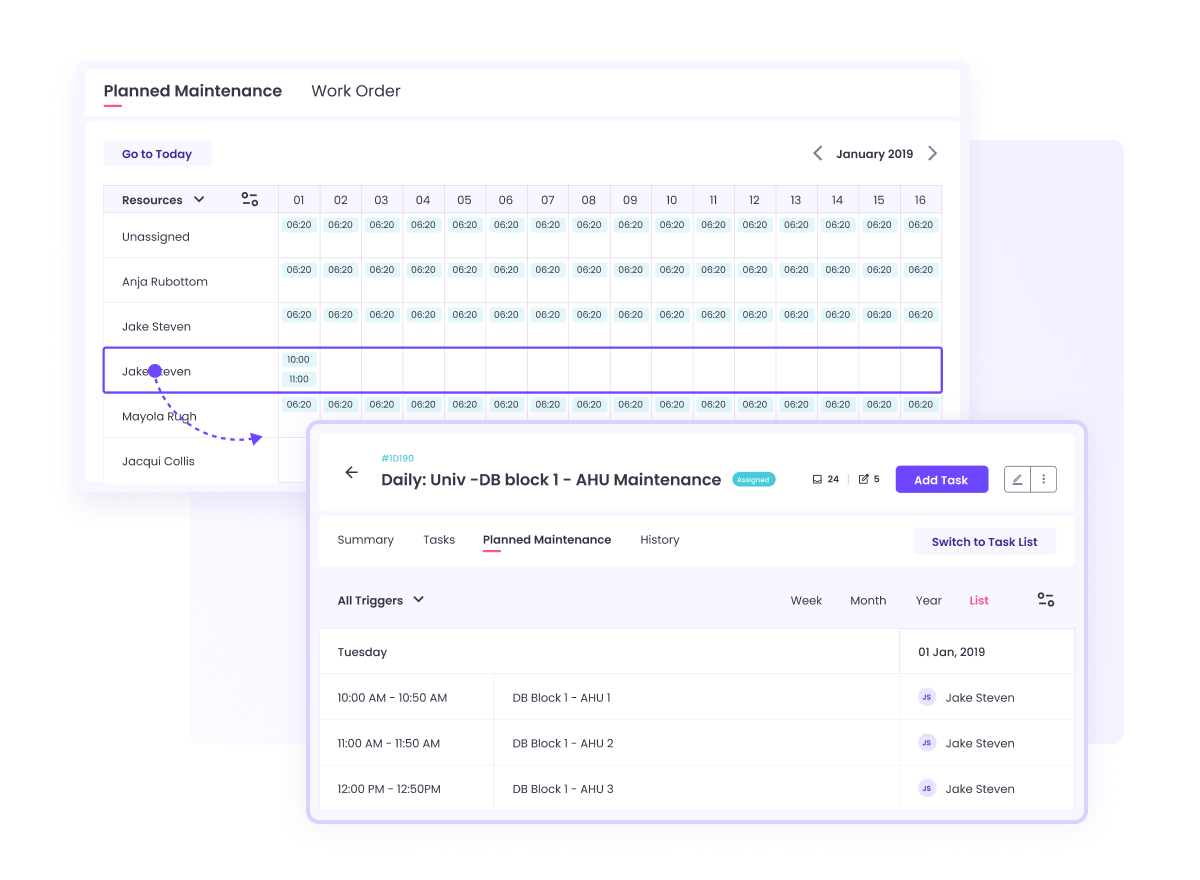 CMMS interface displaying planned maintenance work orders and resource allocation, showing technician schedules, maintenance tasks for AHU units, and detailed task assignments for specific dates