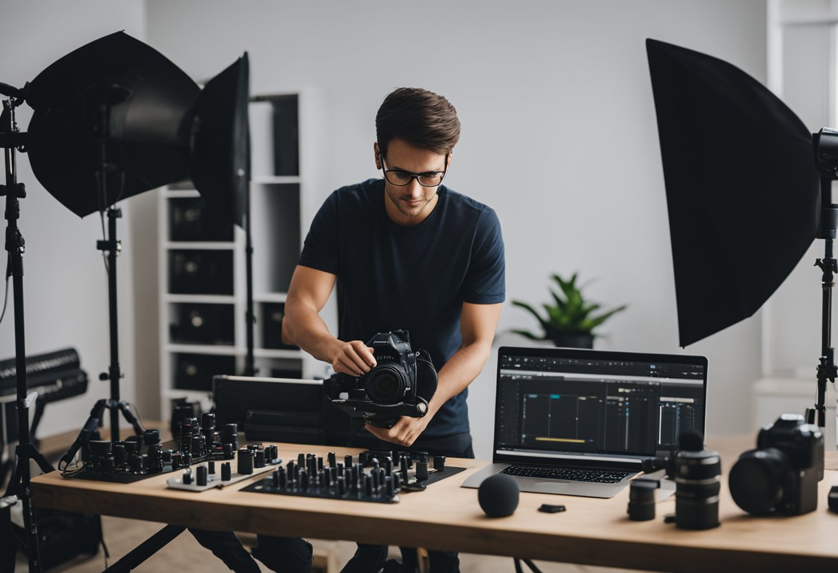 A person setting up a simple home studio, choosing the right space and arranging equipment