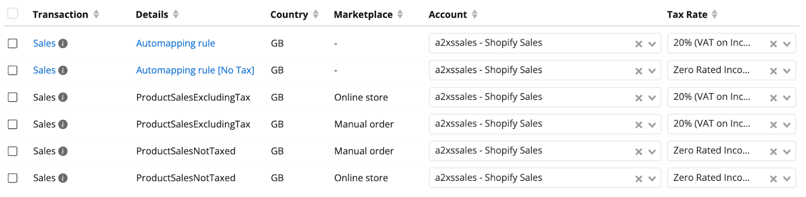 A screenshot of an example of how your A2X mappings will look if you're a UK-based Shopify merchant with 1 UK VAT registration