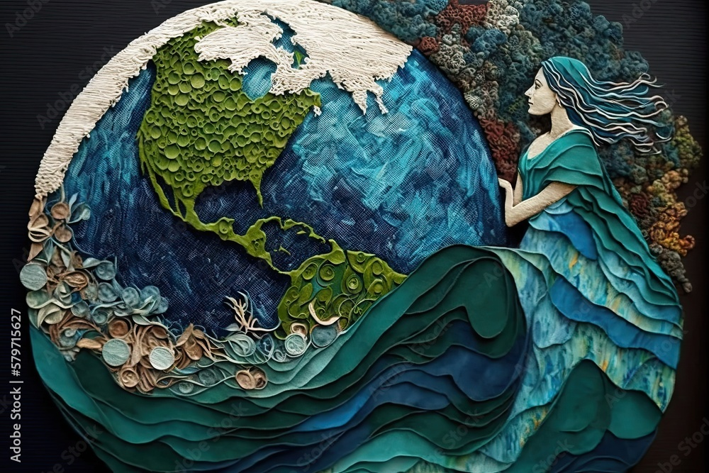 This is an illustration of a woman dressed in the sea, holding the earth close to her. 