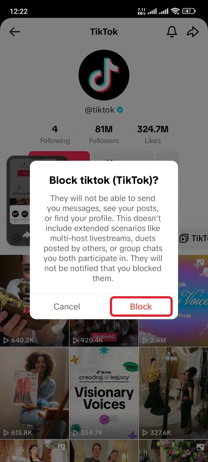 Mobile screenshot of the confirmation pop-up message for blocking someone, which appears after tapping the block option in the share menu of a tiktok account.