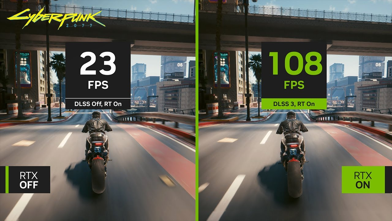 The difference between GEForce RTX with DLSS on and off as shown in this side by side from Cyberpunk 2077