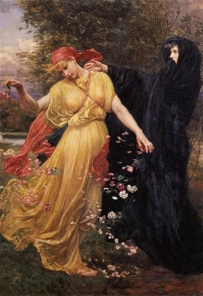 This illustration depicts Ceres, adorned in a black cloak, on the right side of the image. On the left side, Proserpina can be seen wearing a yellow dress.