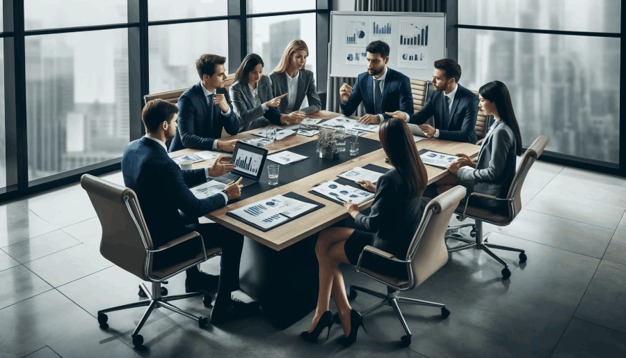 A group of professional financial advisors sitting around a conference table, discussing various strategies and reviewing documents.