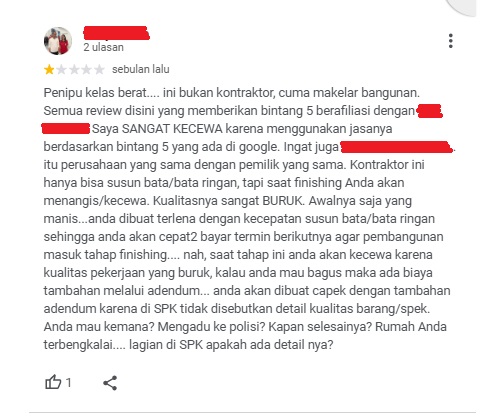 Contoh Review Kontraktor Penipu di Google