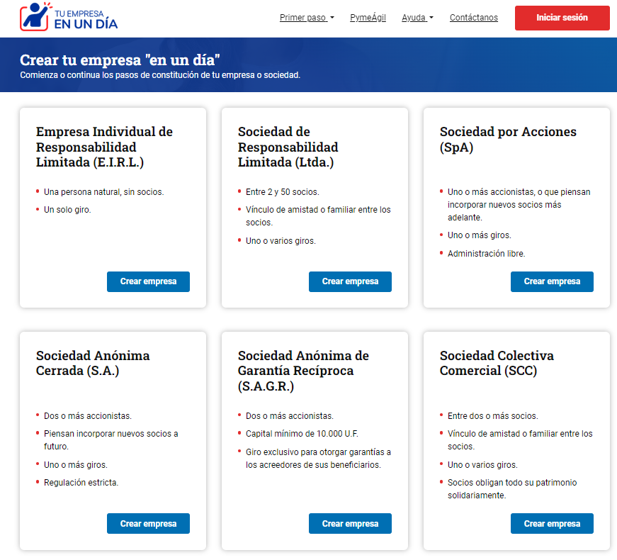 Vista de los tipos de empresas que puedes crear. 