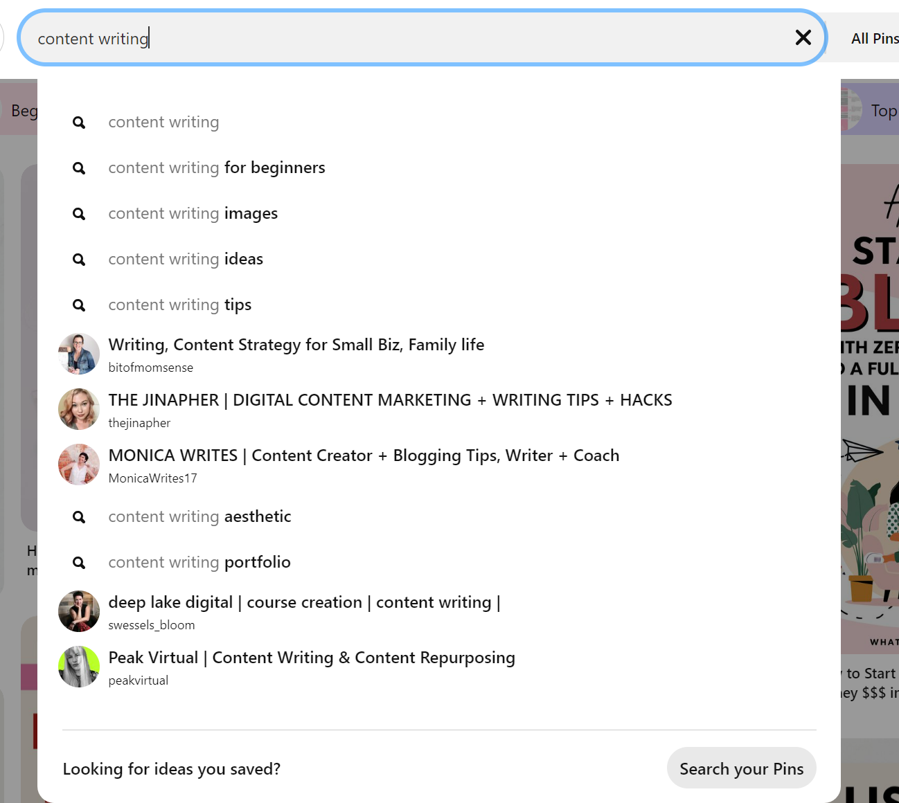 Screenshot of Pinterest search bar autocomplete