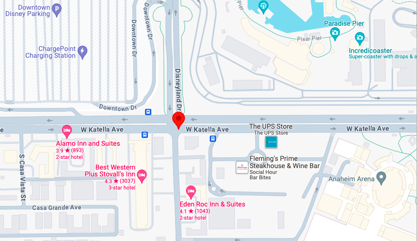 A screenshot of Katella Avenue and Disneyland Drive, one of the most dangerous Anaheim intersections. 