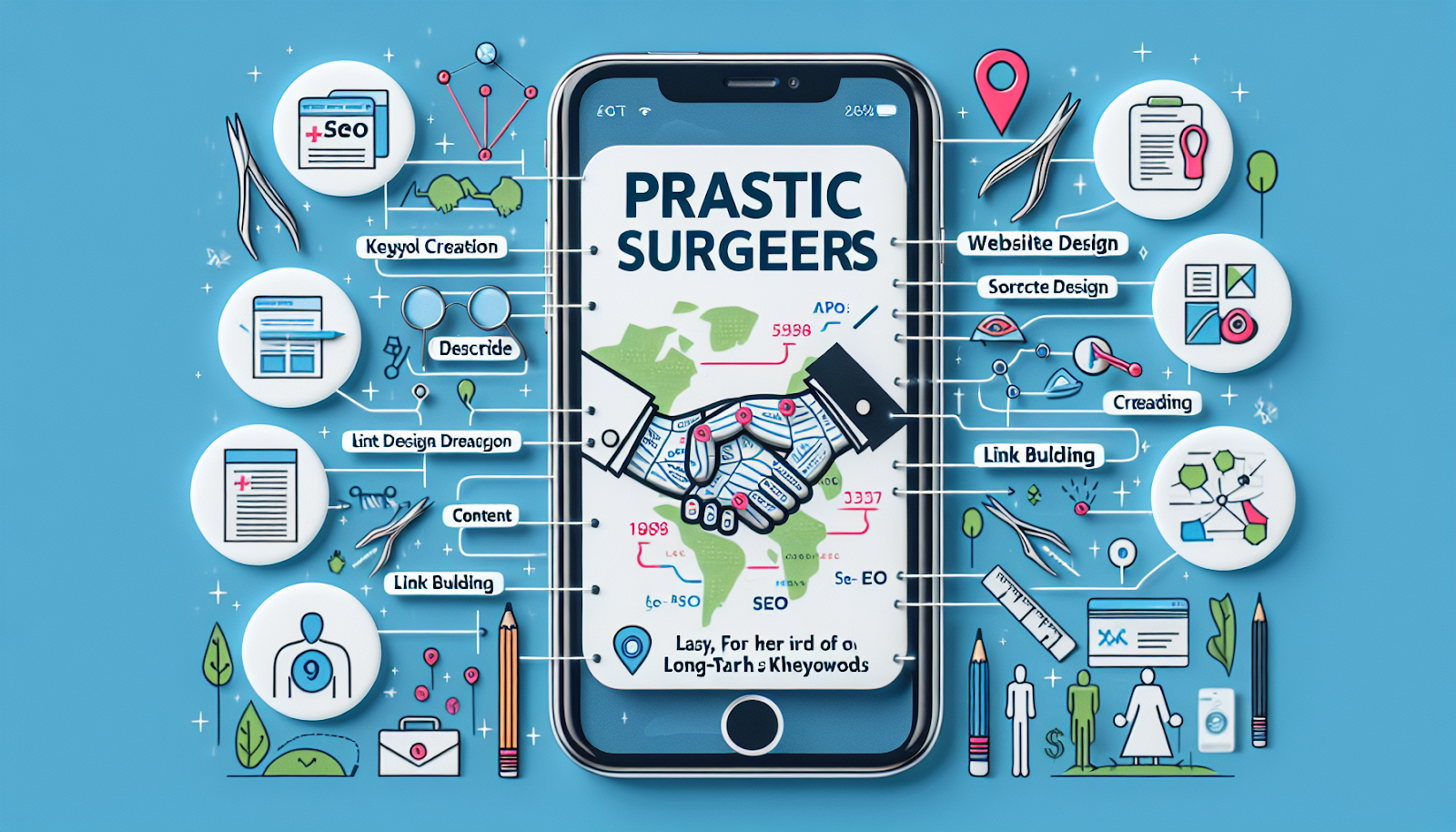 Create a visual representation of a guide for plastic surgeons on Search Engine Optimization (SEO). The image should resemble an iPhone-style photo showcasing various aspects of SEO such as keyword utilization represented by strings of related words, website design indicated by web design sketches, content creation depicted with symbols of a pencil and paper, link building shown by multiple interconnected arrows. Local SEO can be highlighted by a localized map and tracking icon symbolizing Google Analytics. A section suggesting the hiring of an SEO agency, perhaps represented by a human handshake. Lastly, include some abstract element reflecting an emphasis on long-form content and long-tail keywords.