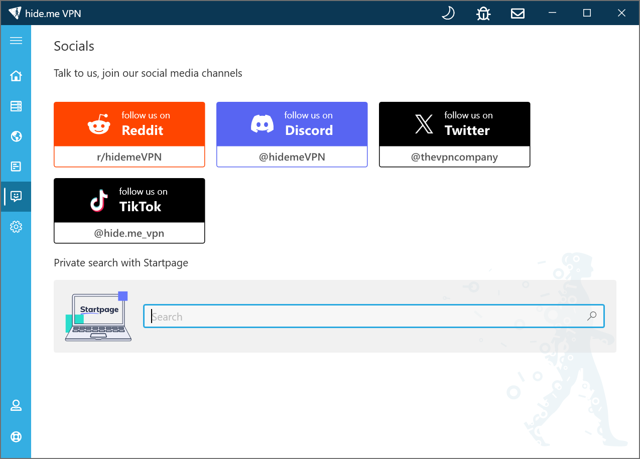 Screenshot of hide.me VPN app with Social tab open and Startpage widget