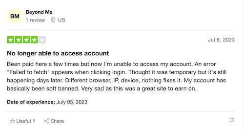 A mostly positive Trustpilot review from a LootGain user who liked the app and had been paid before but found their account suddenly locked for no apparent reason. 