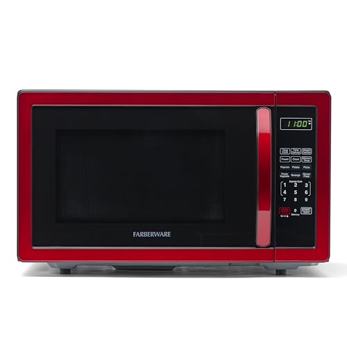 Farberware Countertop Microwave 1000 Watts, 1.1 cu ft - Microwave Oven With LED Lighting and Child Lock - Perfect for Apartments and Dorms - Easy Clean Metallic Red