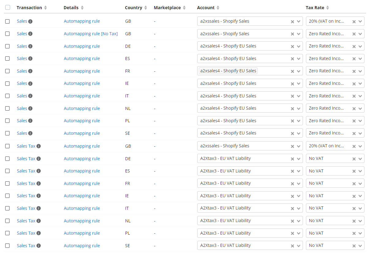 A screenshot of an example of A2X mappings for a seller with one UK VAT registration plus OSS