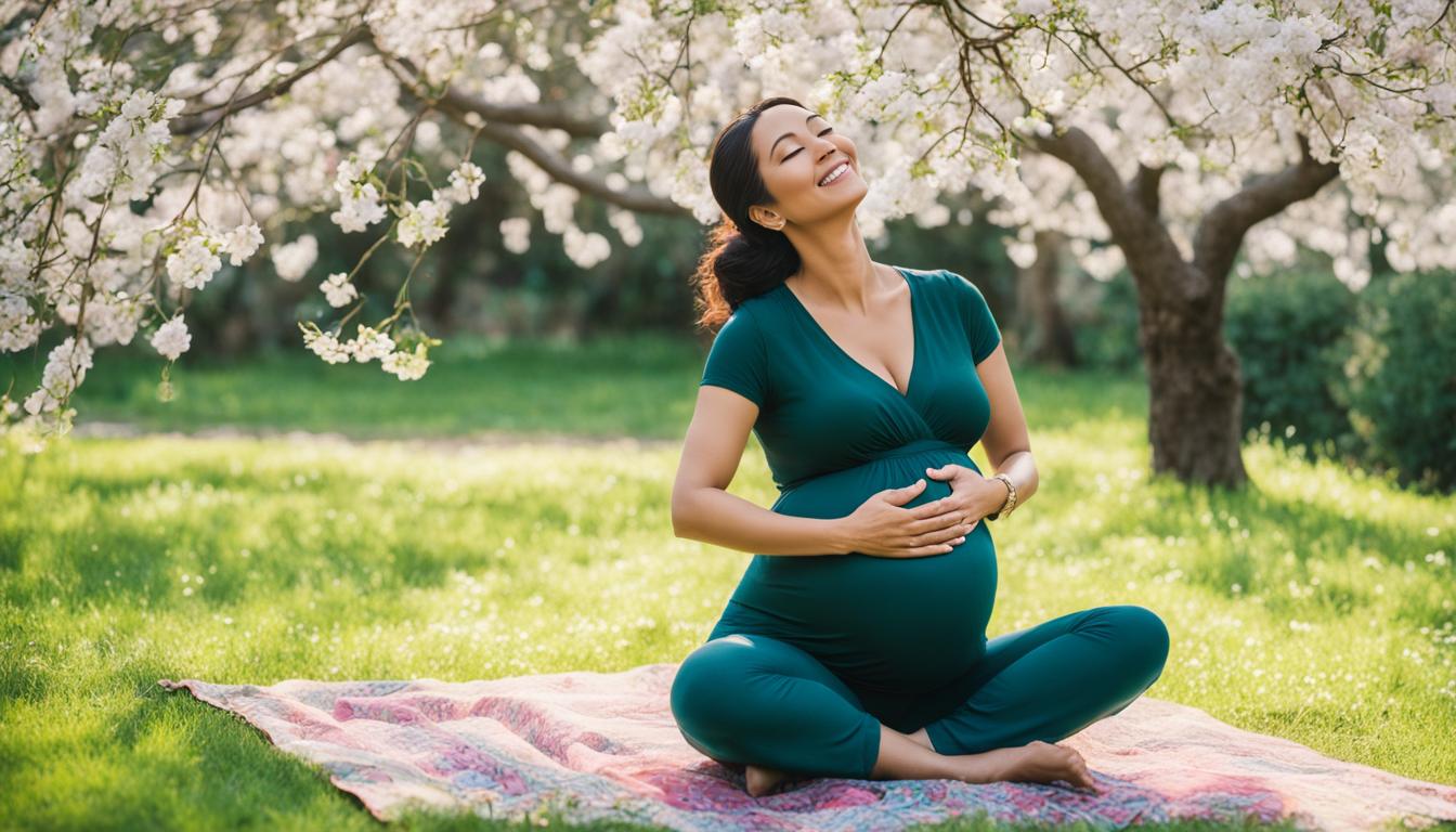 A woman sitting cross-legged on a patch of grass and embracing her pregnant belly with one hand, while the other hand reaches up to touch her heart. In the background, a blooming tree symbolizes growth and fertility. The woman's expression is serene and content, reflecting her trust in her own body and the joy of bringing new life into the world.