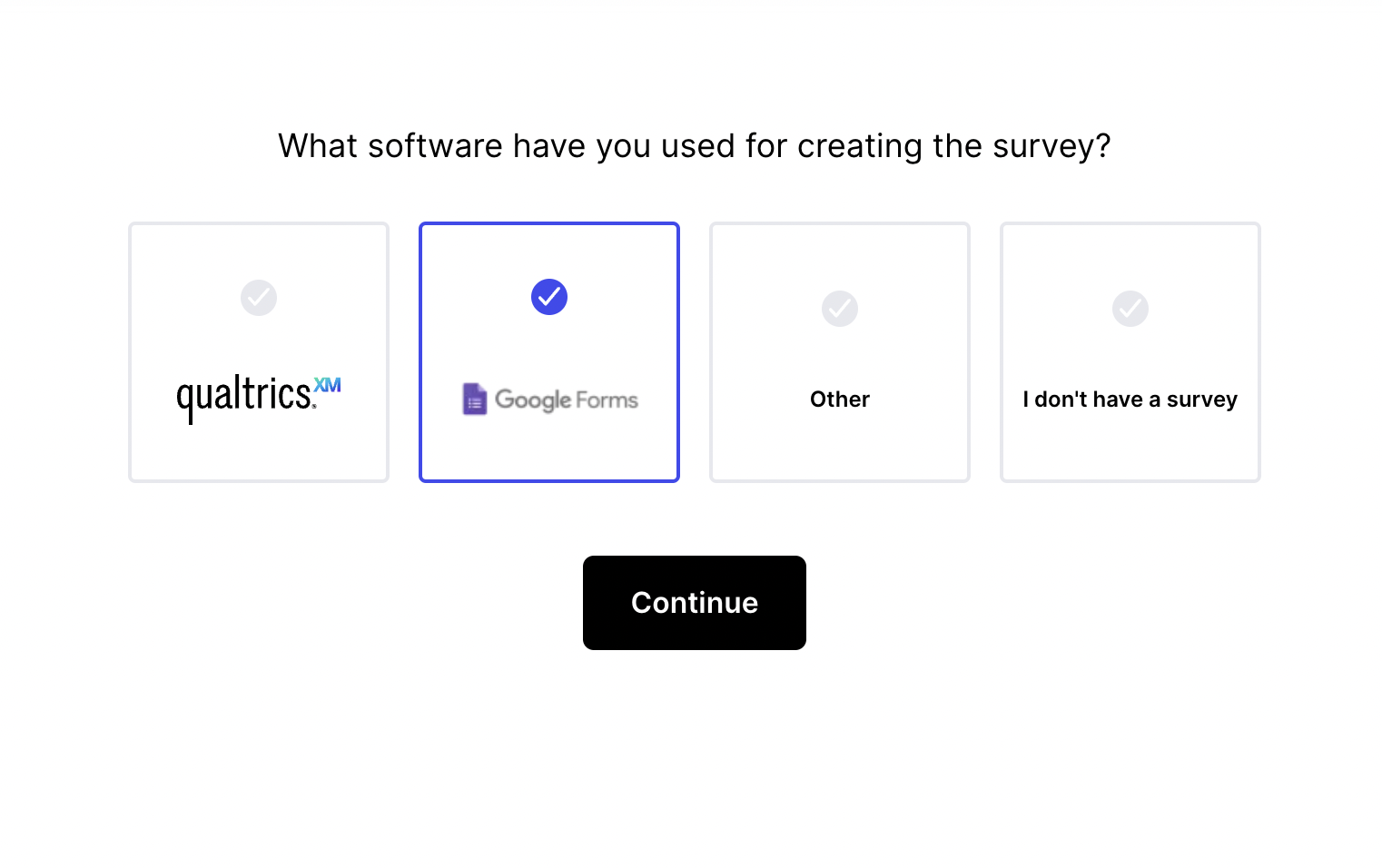 Survey tool step asking which software they used to create the survey, with Google forms chosen!