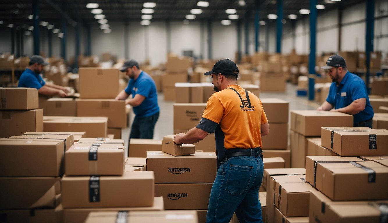A warehouse filled with neatly stacked boxes labeled "Amazon FBA" with workers busy packing and shipping products
