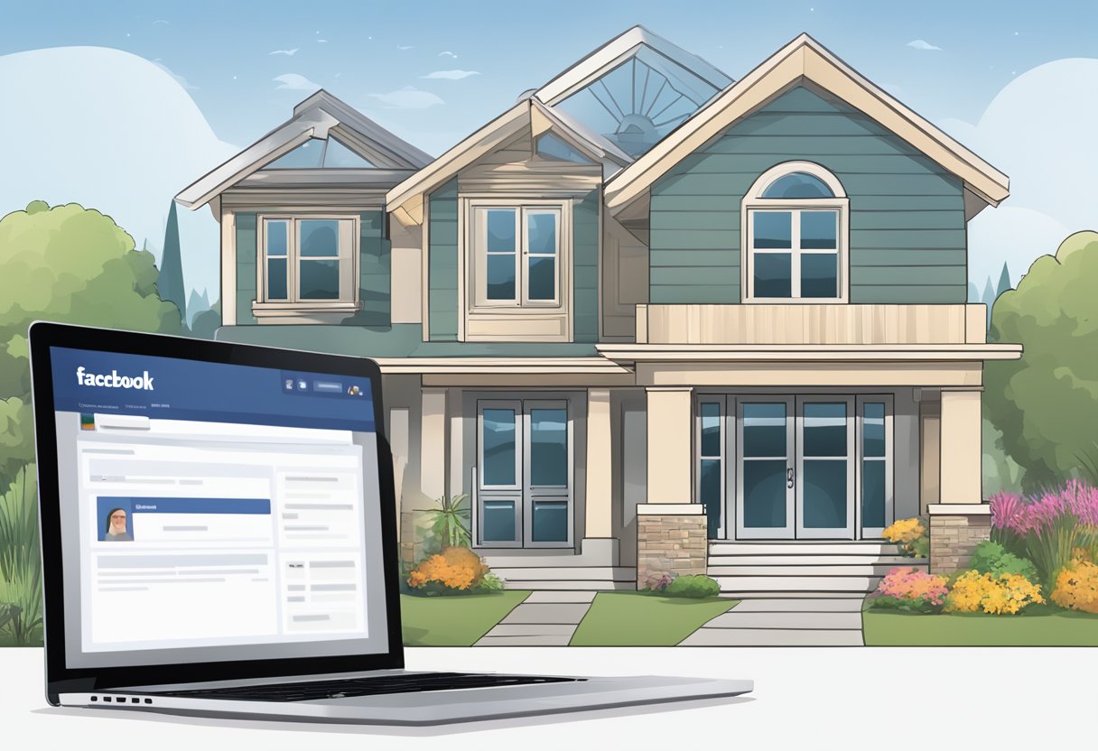 A laptop displaying a Facebook ad for a modern home, with a "Learn More" button and a "Contact Us" option, surrounded by real estate brochures and a "For Sale" sign