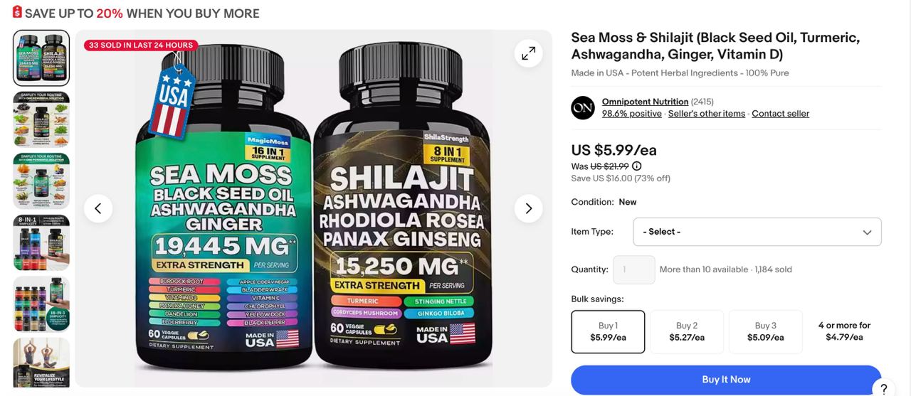 472 item Natural Shilajit resin terjual USD 5.99 @ RM28.14 sen per item atau sama dengan hasil sebanyak 472x5.99= USD 2,827.28 @ RM13,282.08 sen