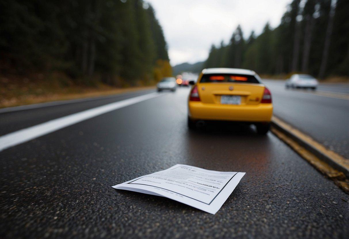 A car pulled over on the side of the road, with a traffic infringement notice placed on the windshield. The driver's expression is not visible