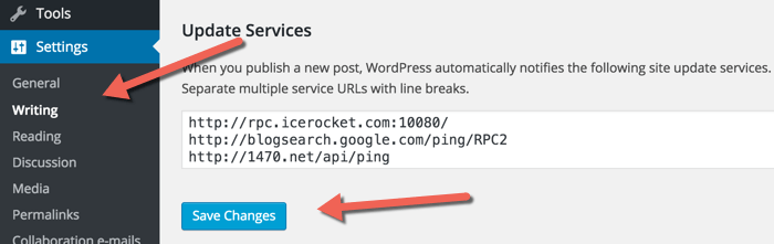 Updating WordPress ping list