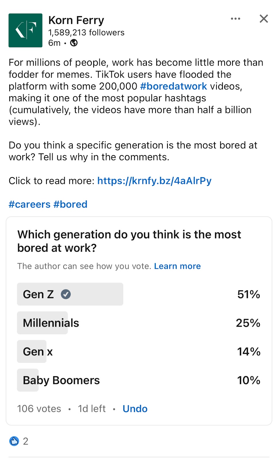Korn Ferry Linkedin poll #BoredAtWork