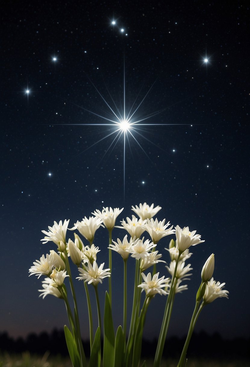 A clear night sky with 31 white flowers arranged in the shape of the Star of Bethlehem