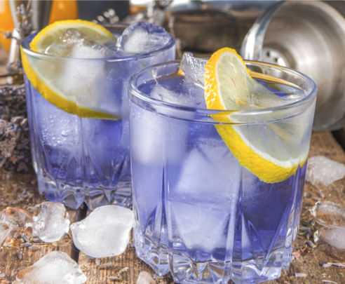 purple-colored lavender lemondade in a short glass with ice and lemon garnish